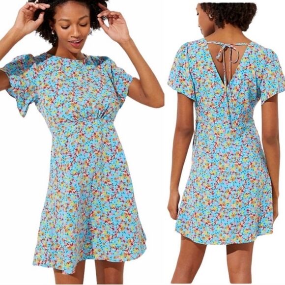 LOFT Blue Floral Flutter Sleeve Dress 8 - Picture 1 of 9